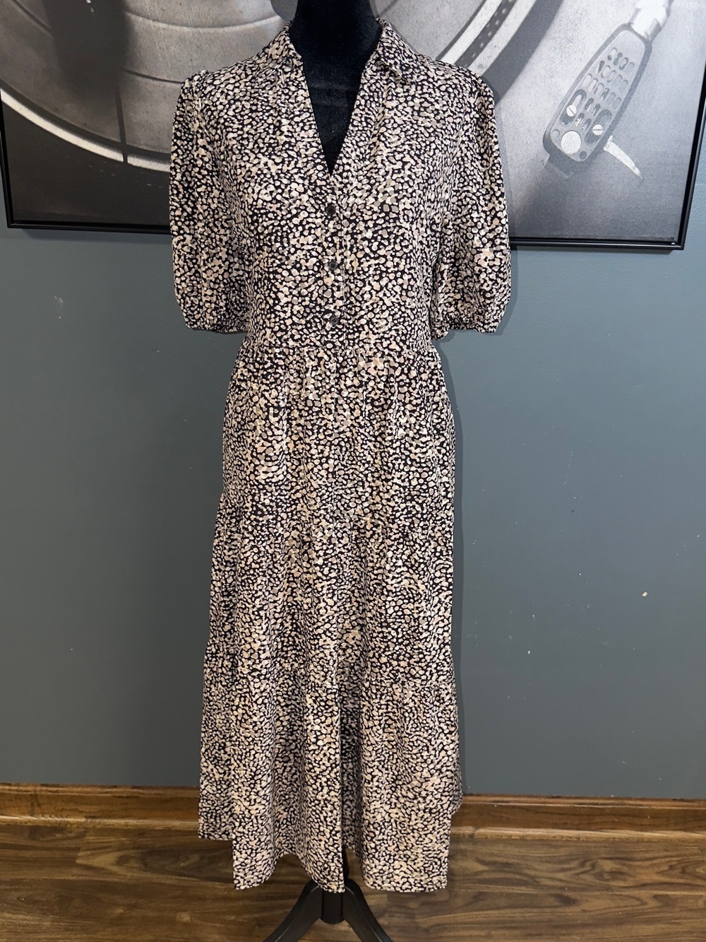 DKNY Black and Cream Printed V-Neck Maxi Dress